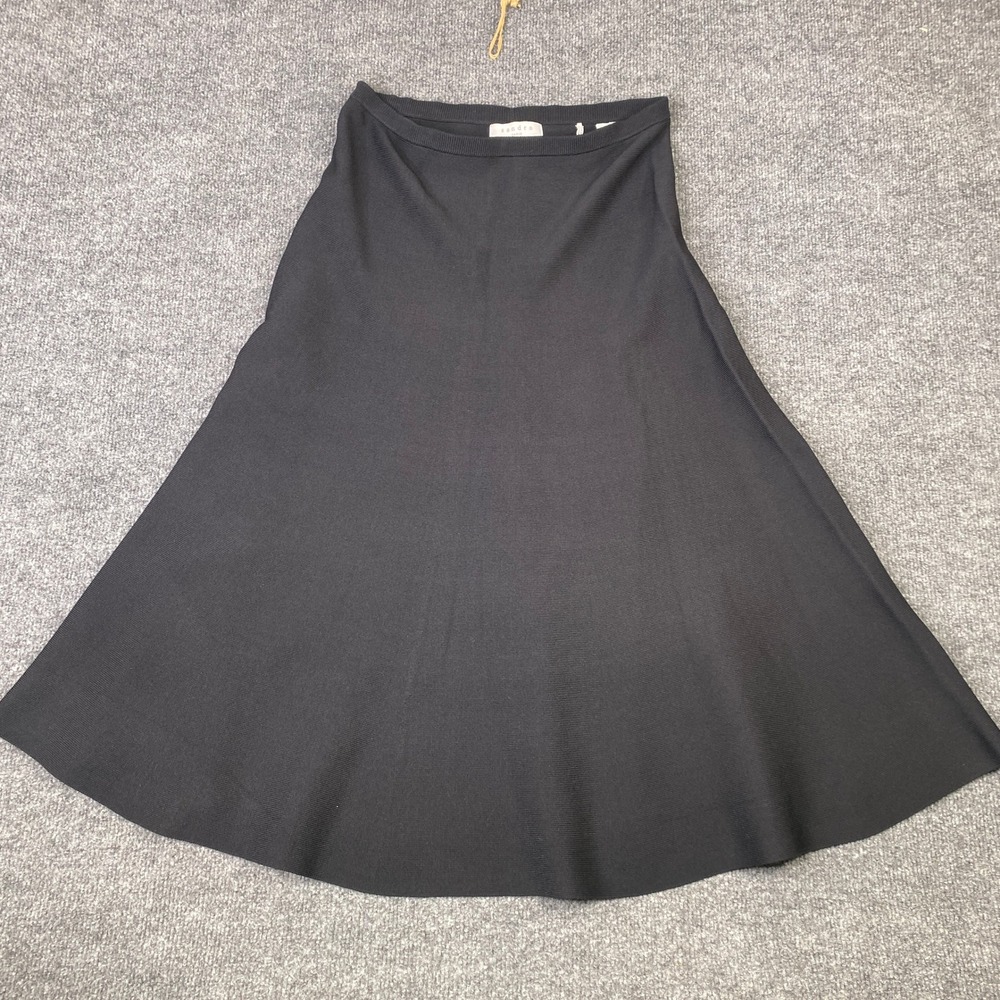 Sandro Paris Black Knit A-Line Midi Skirt Ribbed Flared Size 3 Large Career
